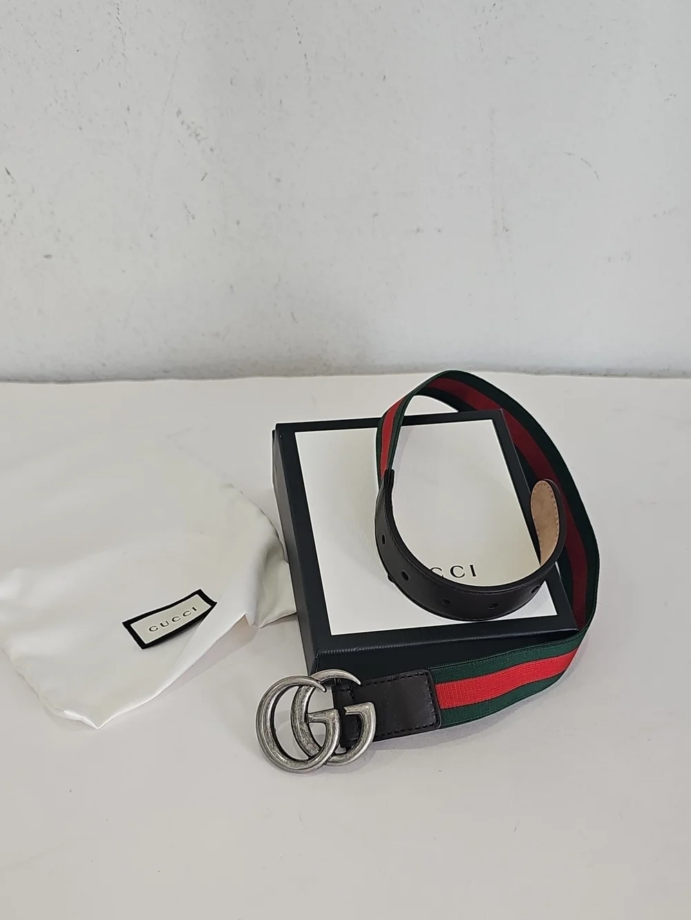 Gucci kids belt GG Logo Red Green Elastic Brown Leather HAENN S . 214452